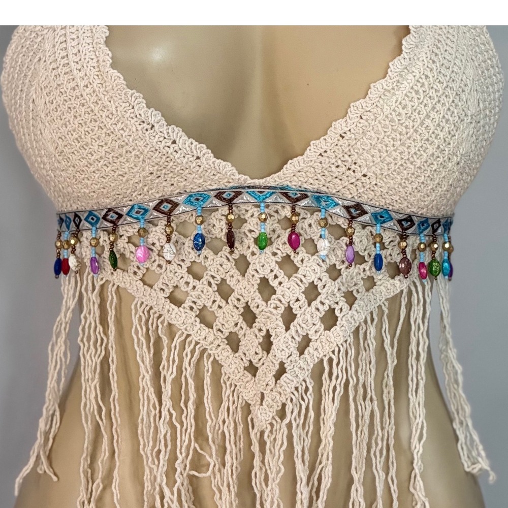 Boho Crochet Beaded Fringe Halter Top One Size